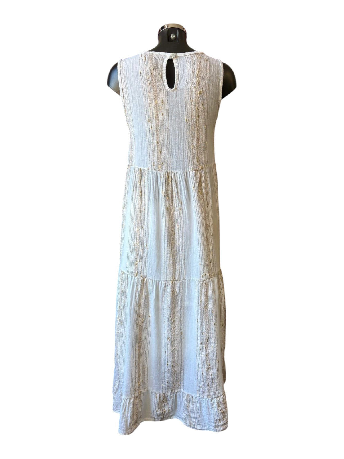Caprice range linen and cotton gold thread tiered sleeveless dress