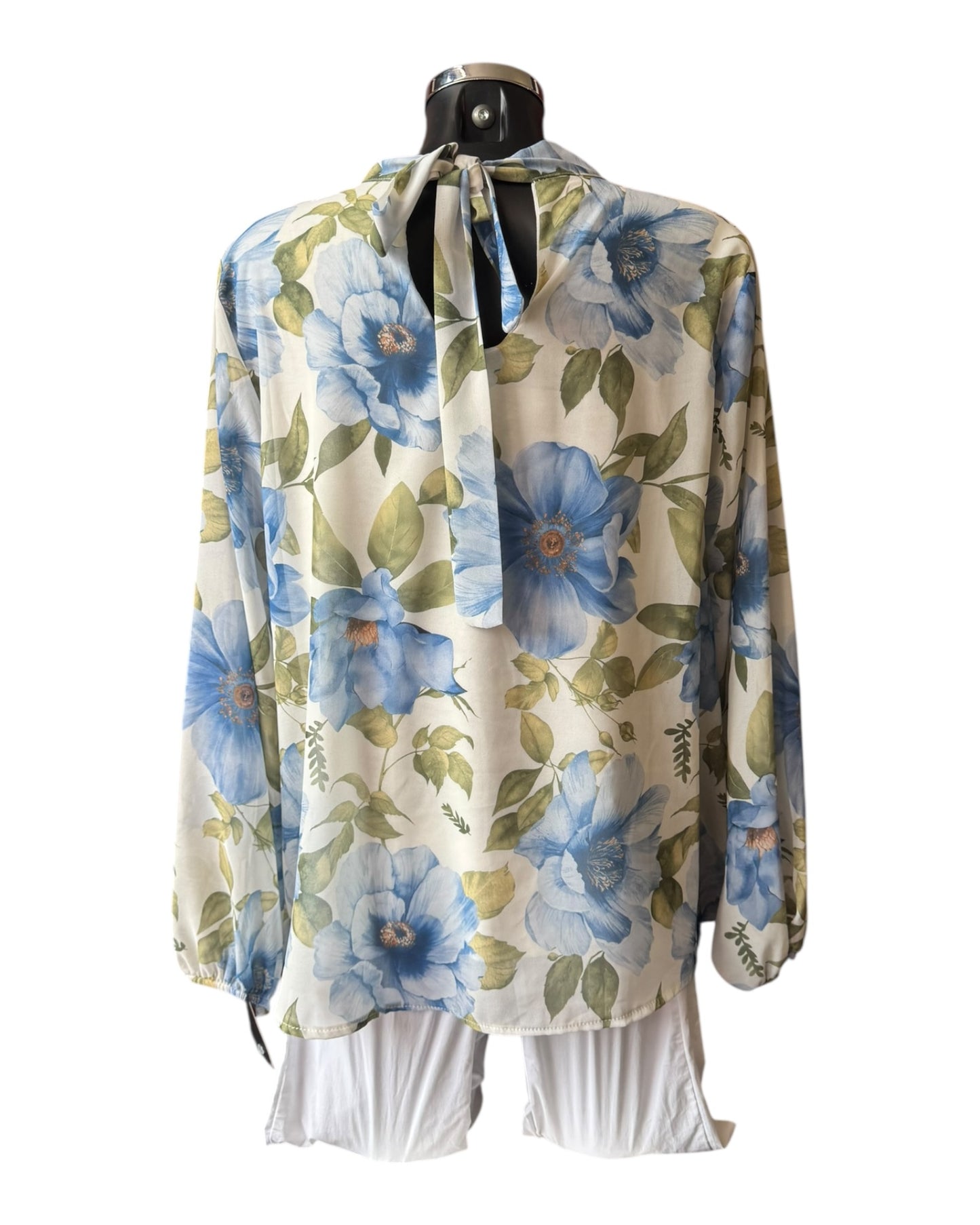Eva floral high neck tie back top - Blue mix