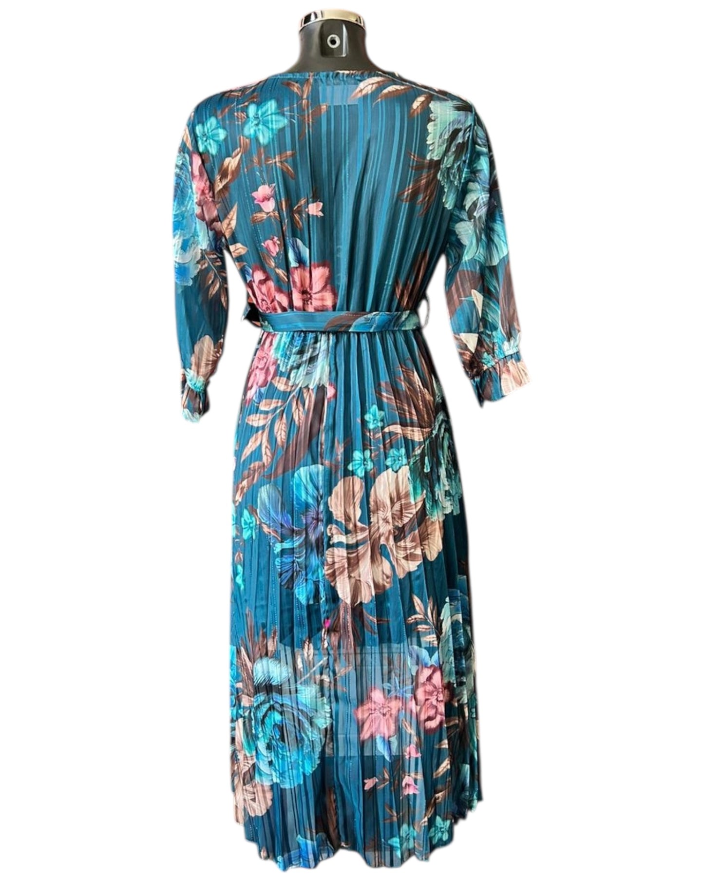 Pandora floral cross over pleated dress - Teal Mix