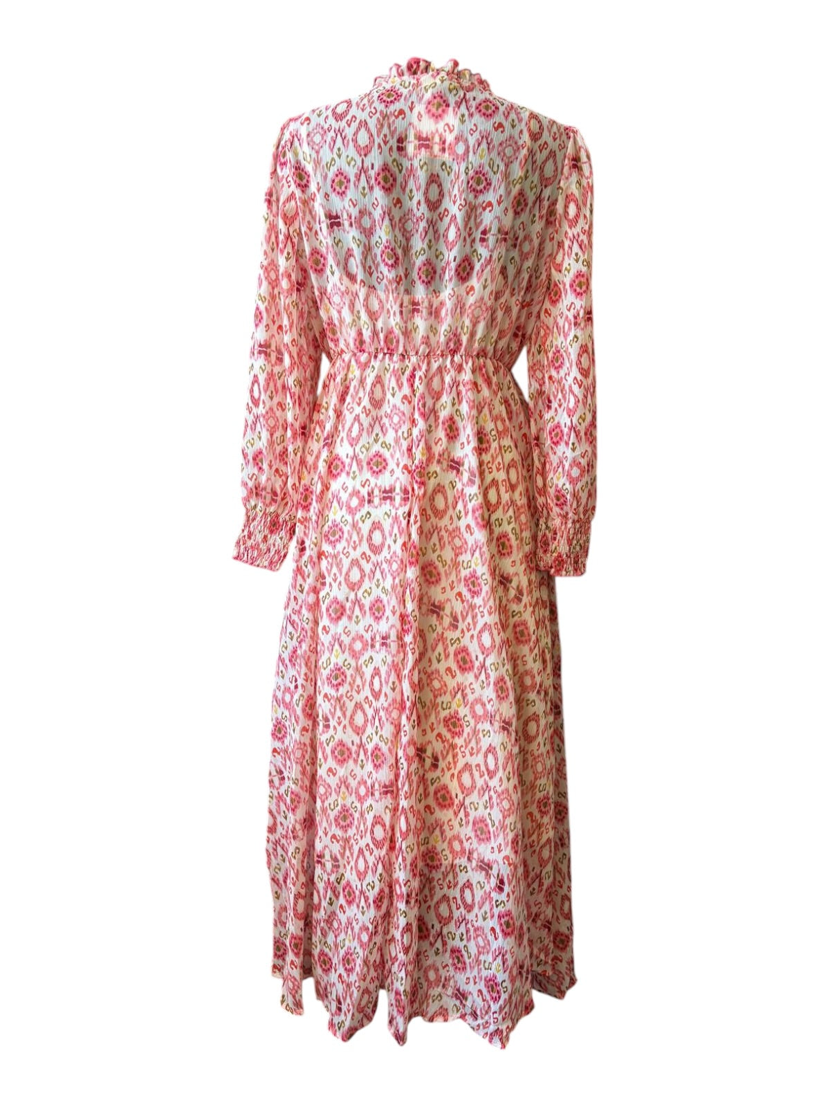 Abbie shirred shoulder chiffon midi dress - coral ikat