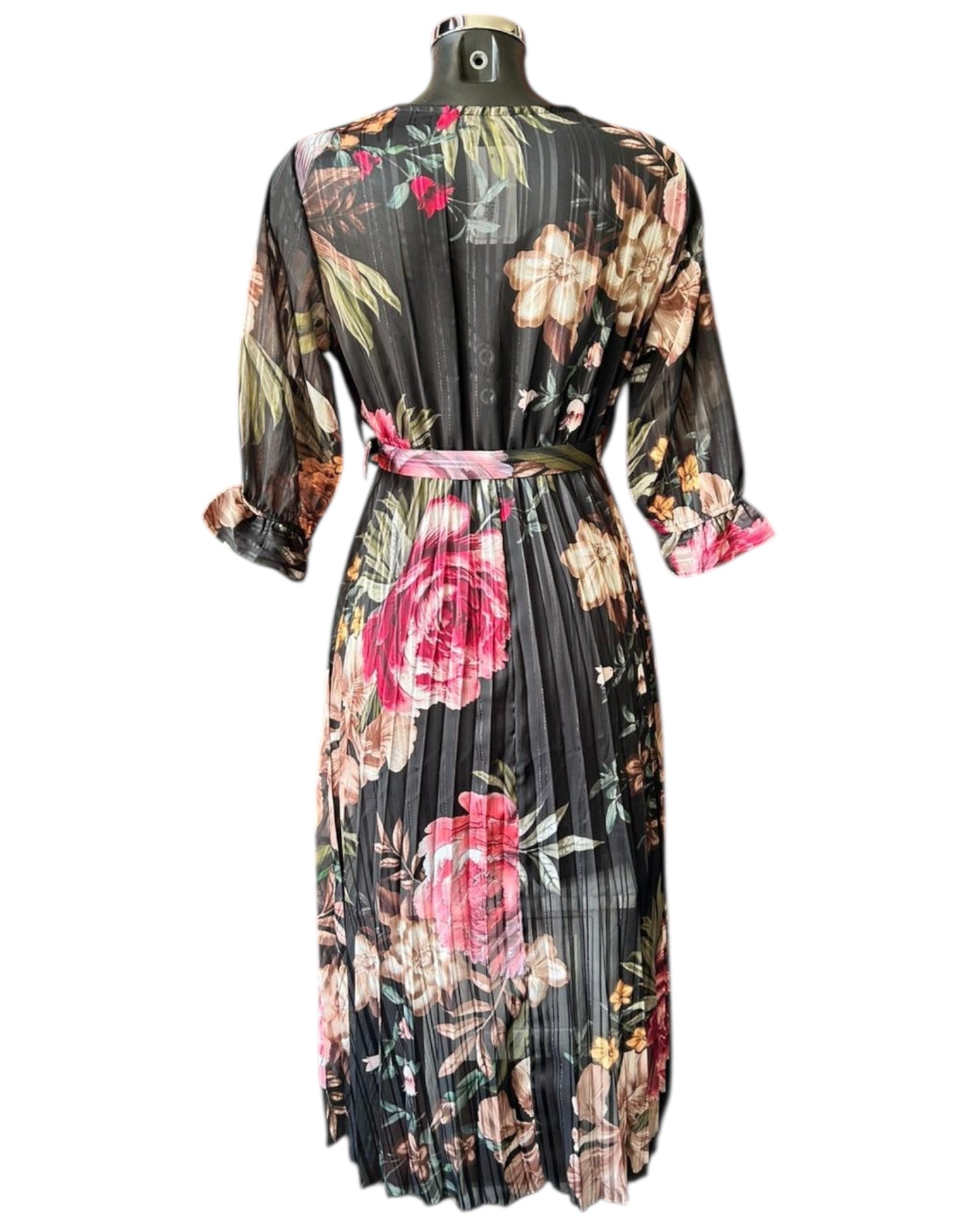 Pandora floral cross over pleated dress - Black Mix