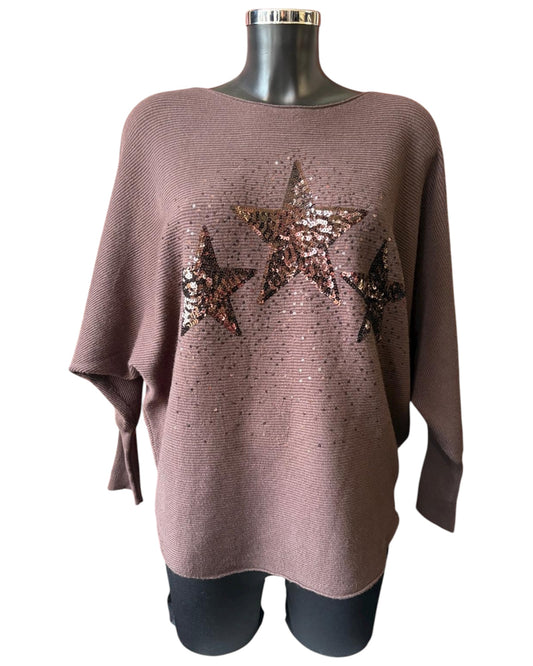 Veronica ribbed sparkle stars jumper - Chocolate