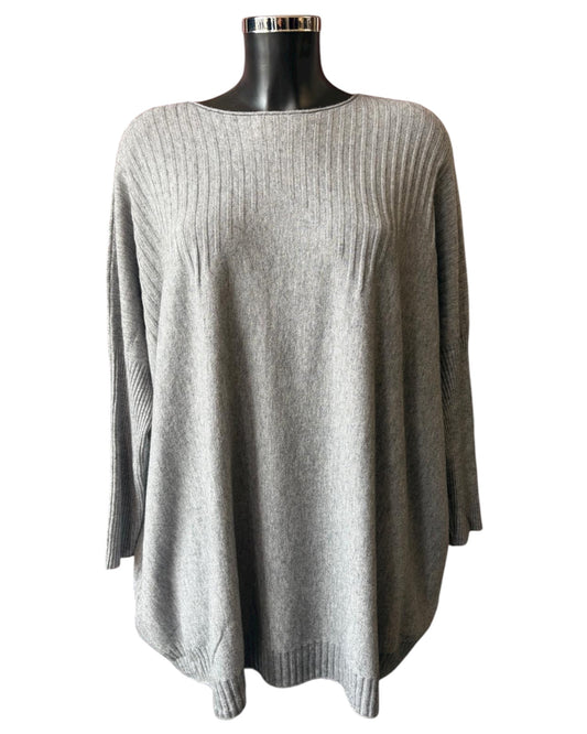 Carrie fine knit ribbed tunic jumper - Grey