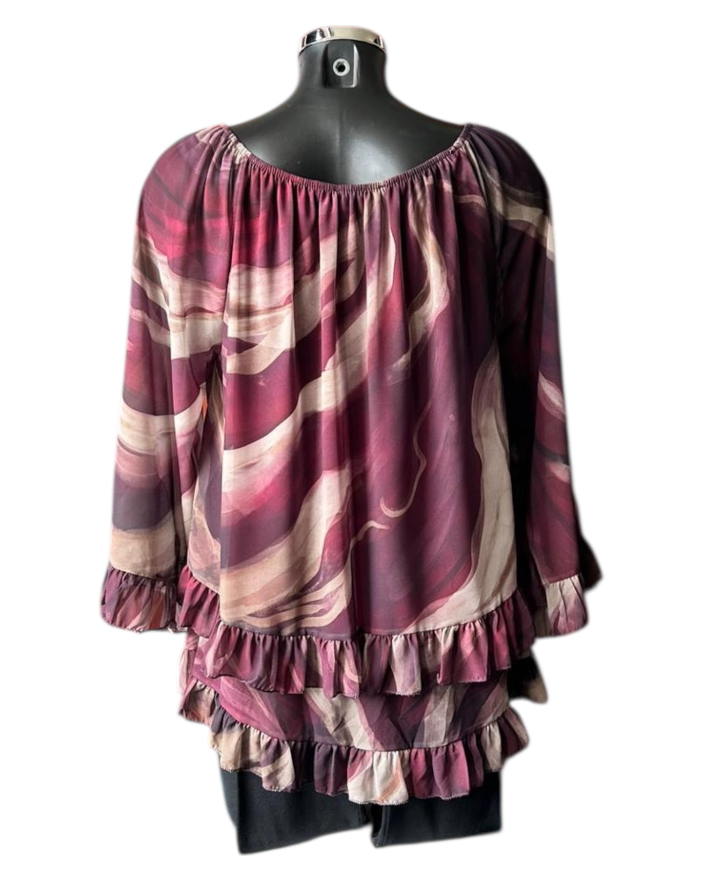 Lara marble print frill edge blouse - Bordeaux