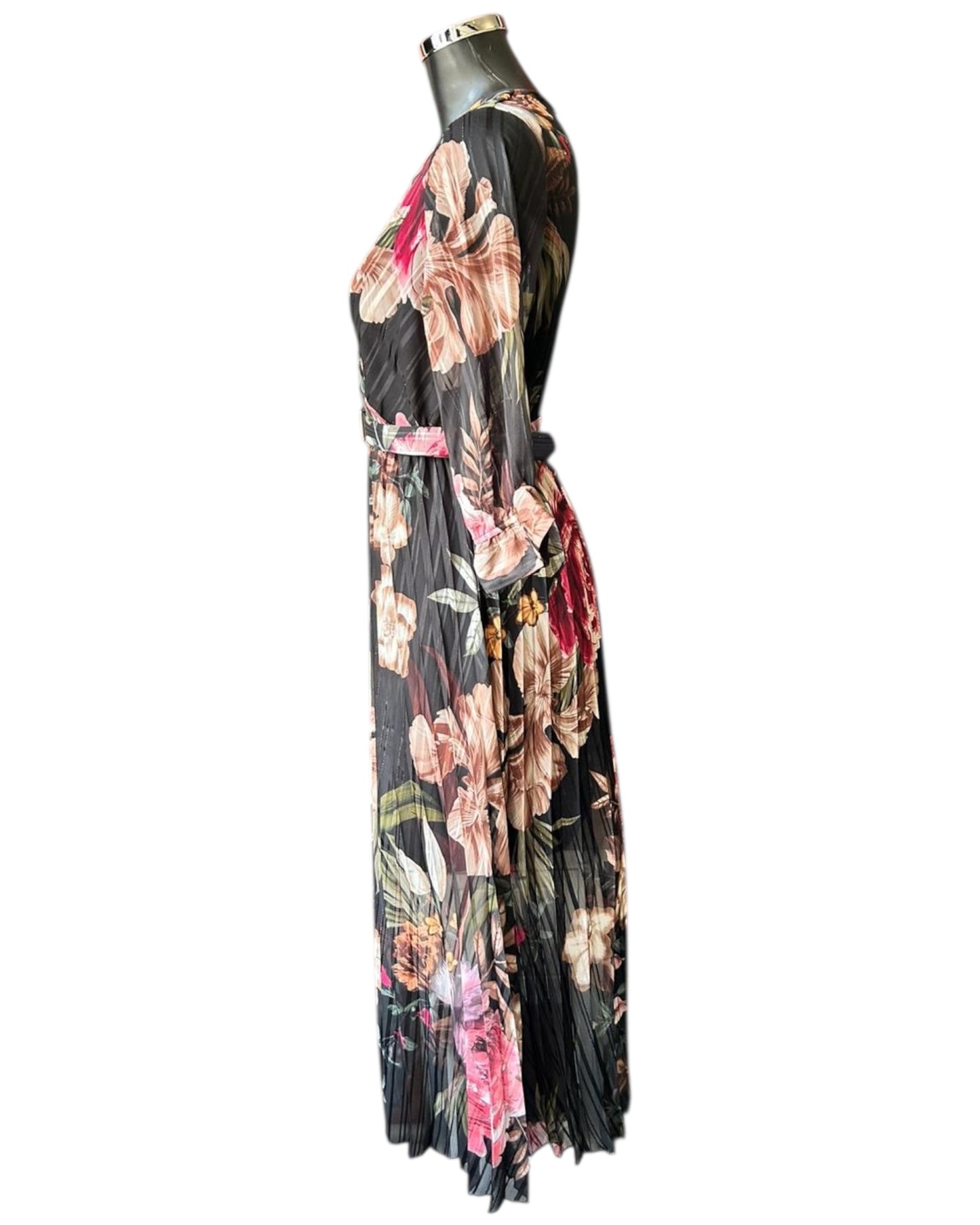 Pandora floral cross over pleated dress - Black Mix
