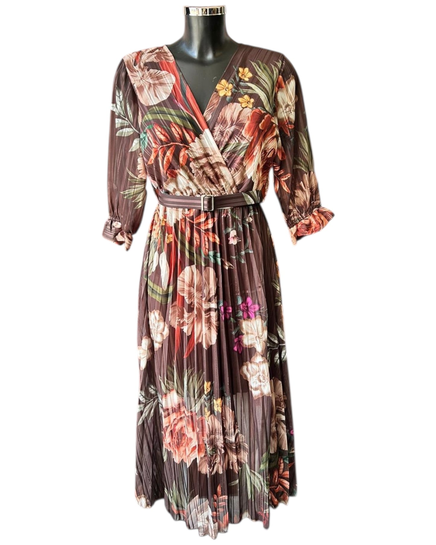 Pandora floral cross over pleated dress - Chocolate Mix
