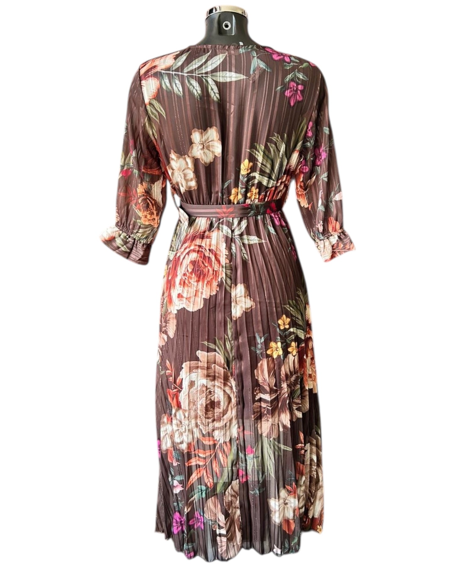 Pandora floral cross over pleated dress - Chocolate Mix