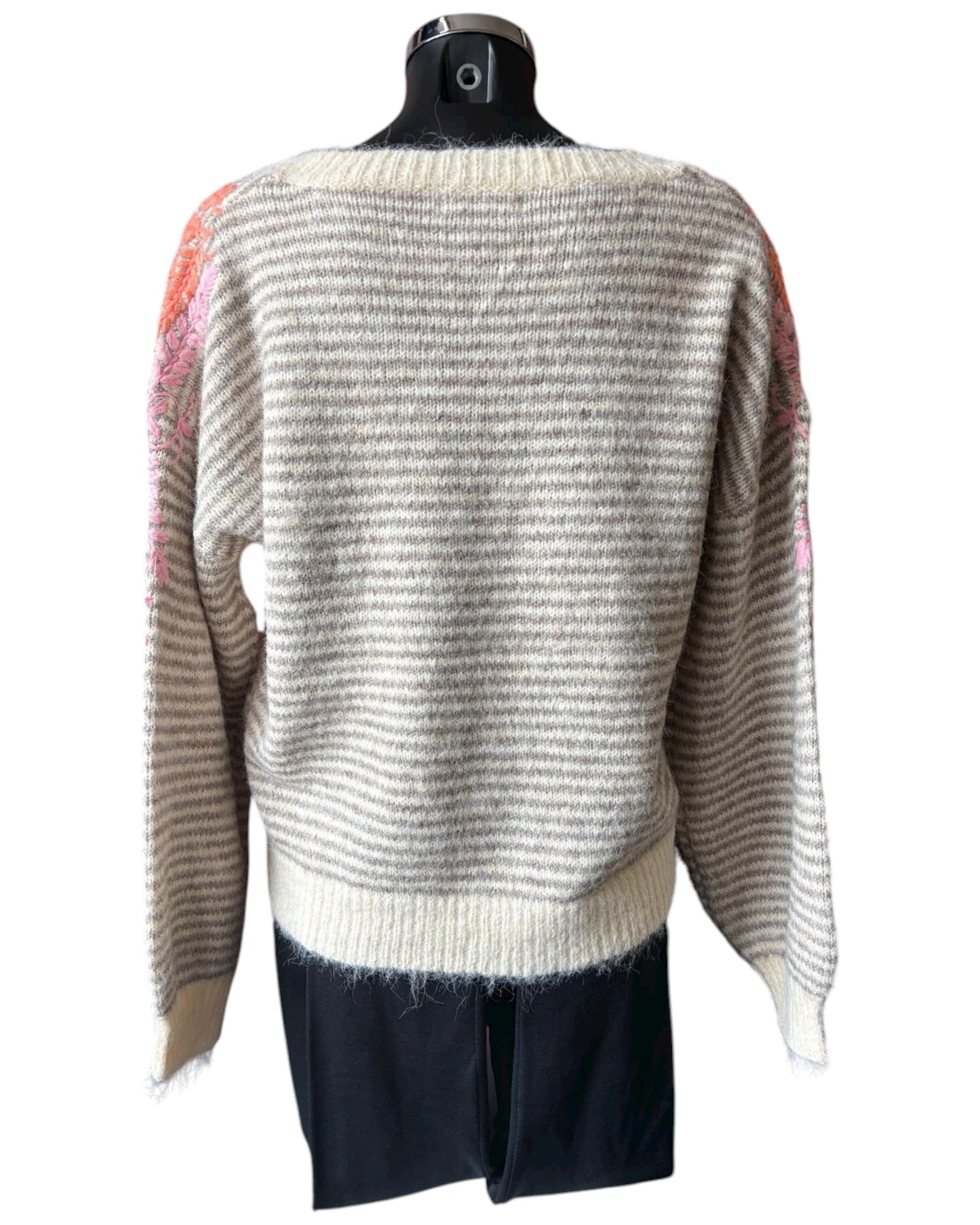 Scarlet striped appliqué flower v neck jumper - Beige