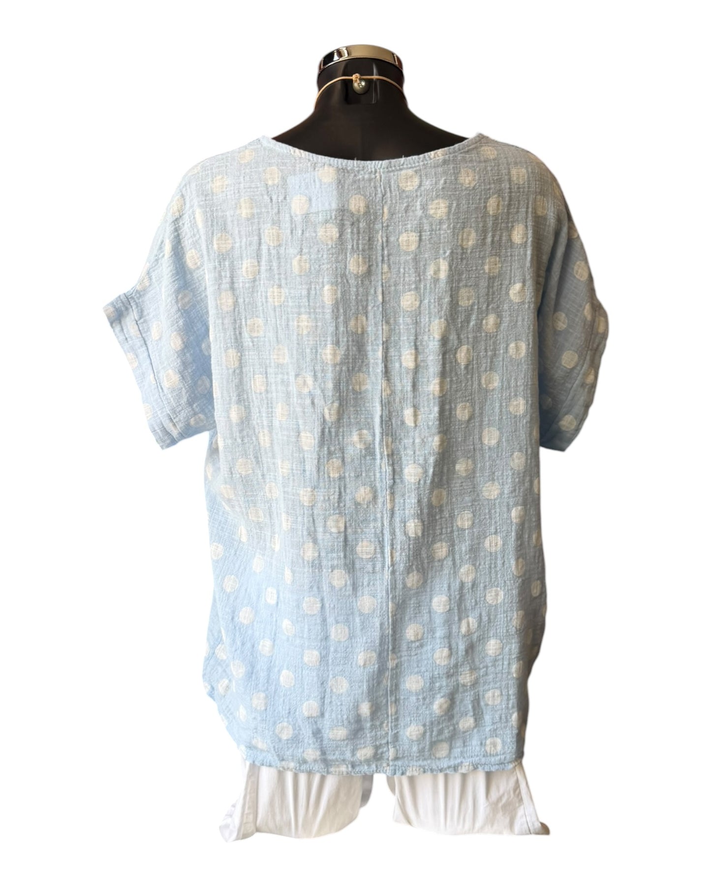 Polly polka dot cotton top & necklace - Pale blue