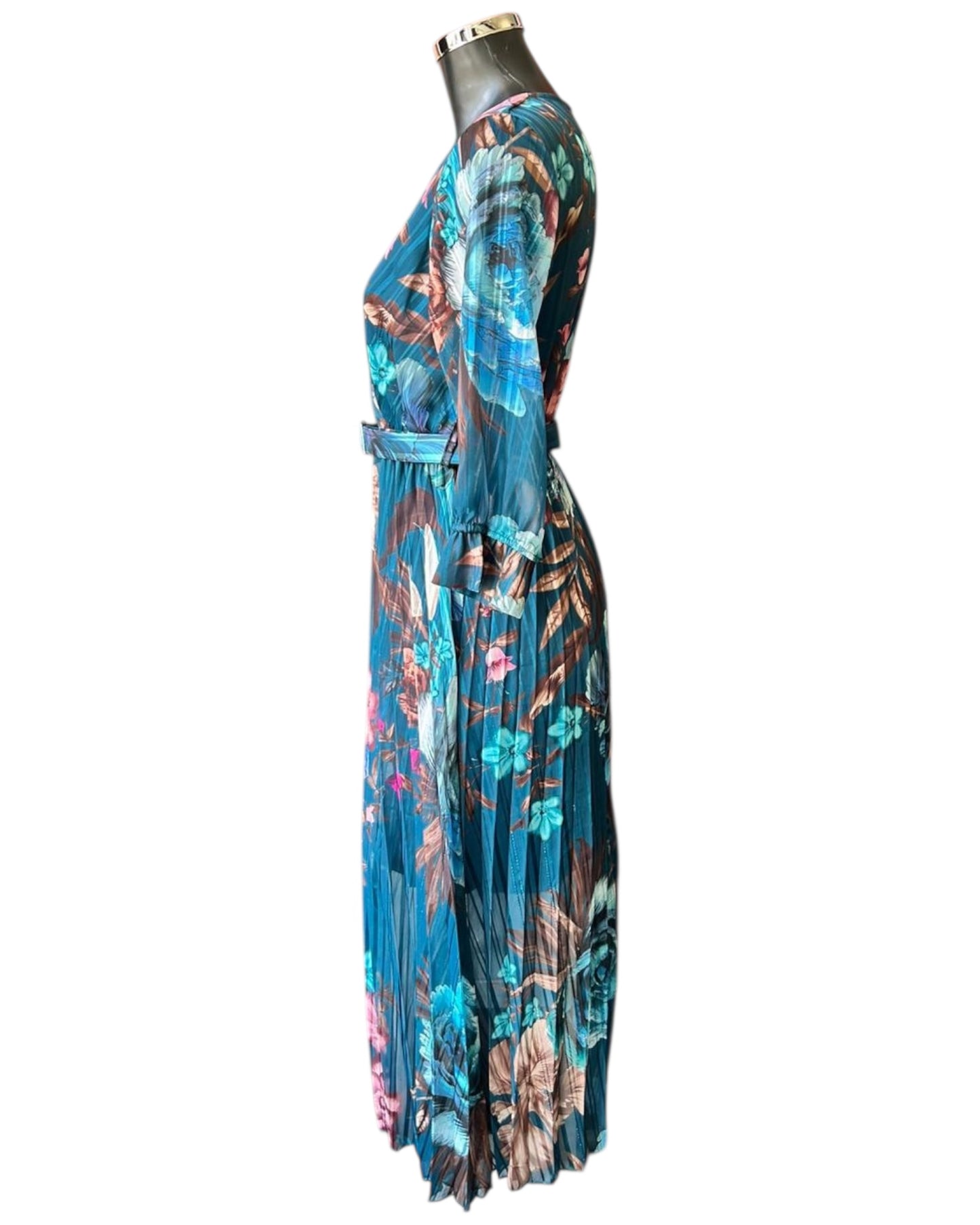 Pandora floral cross over pleated dress - Teal Mix