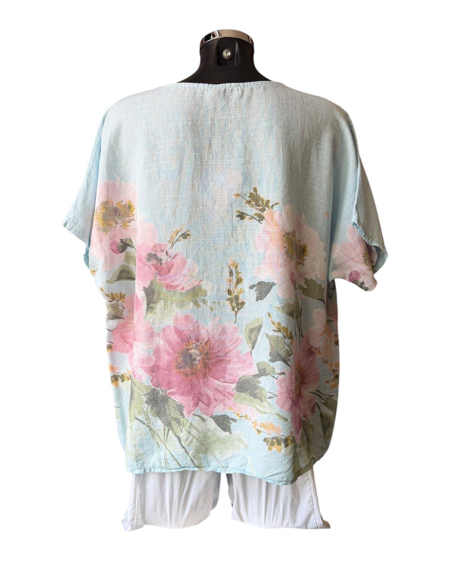 Amilla big flower linen mix top - blue