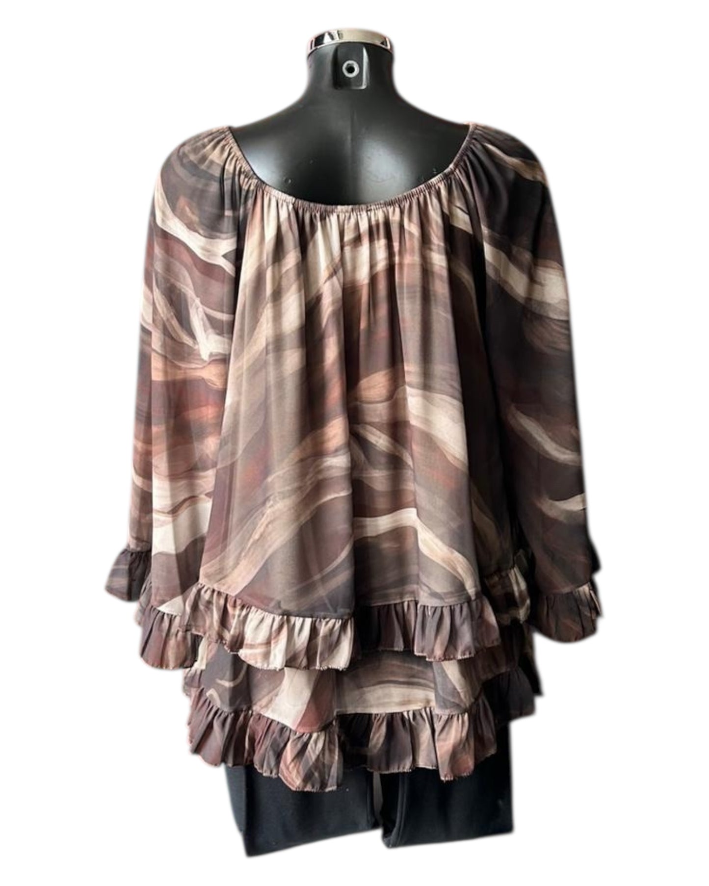 Lara marble print frill edge blouse - Chocolate
