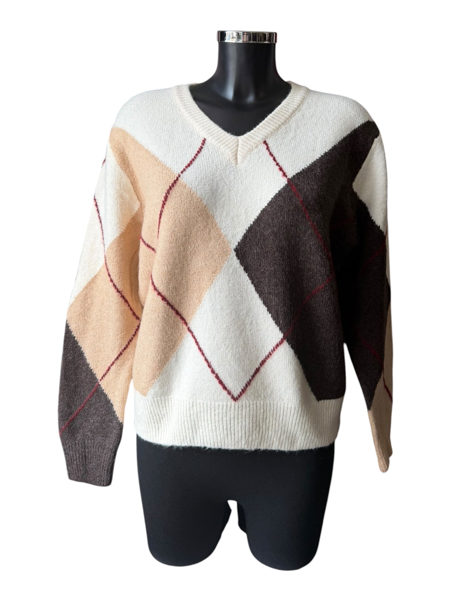 Ella v neck argyle jumper - Natural mix