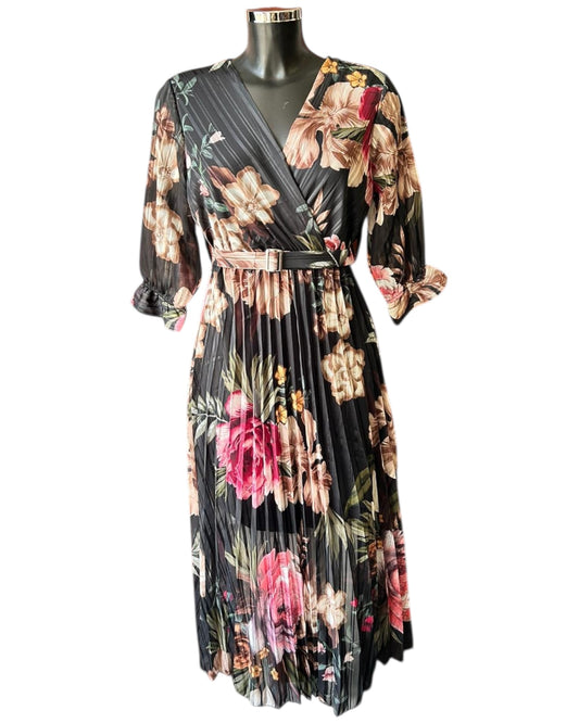 Pandora floral cross over pleated dress - Black Mix