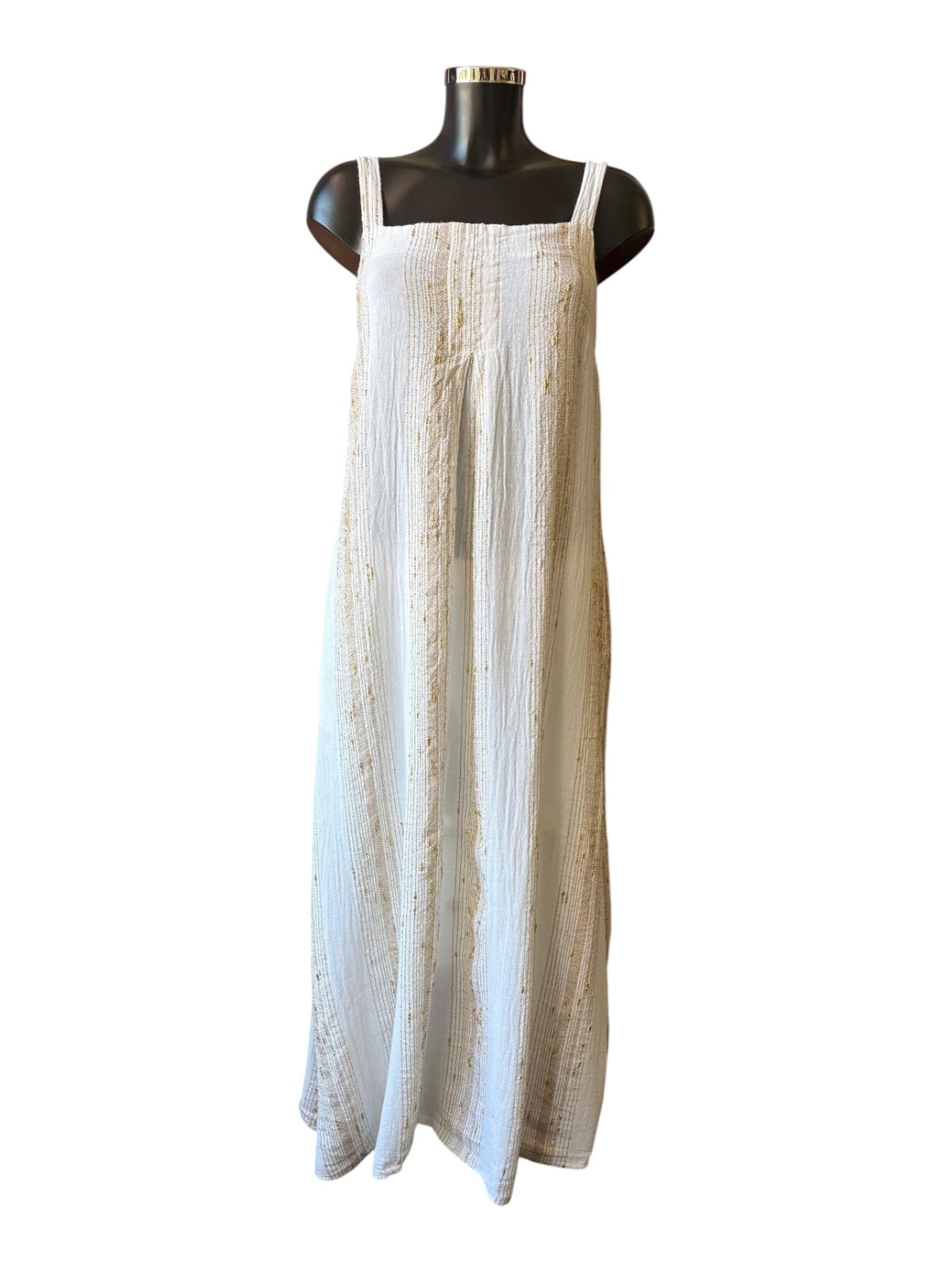 Caprice range linen and cotton gold thread pleat front midi dress