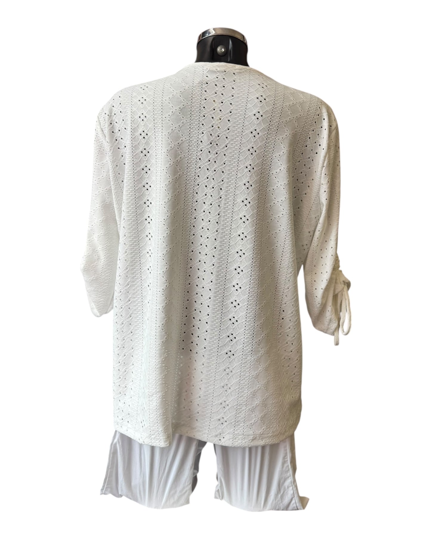 Emma v neck cutwork rouched sleeve top - Ivory