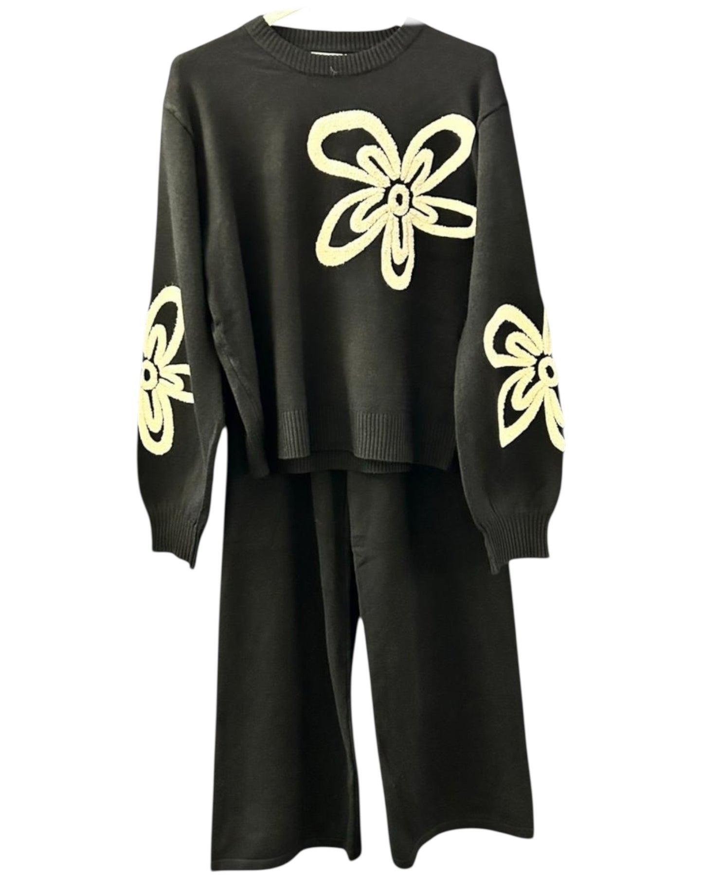 Milano flower range premium knit co ord trouser set - Black