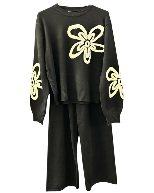 Milano flower range premium knit co ord trouser set - Black