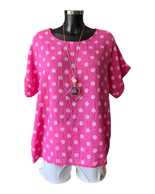 Polly polka dot cotton top & necklace - Cerise