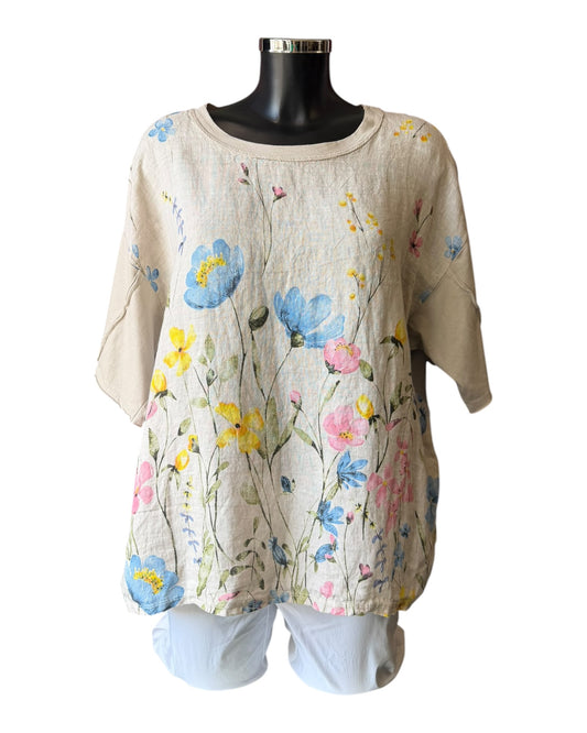 Amilla small flowers linen mix top - beige