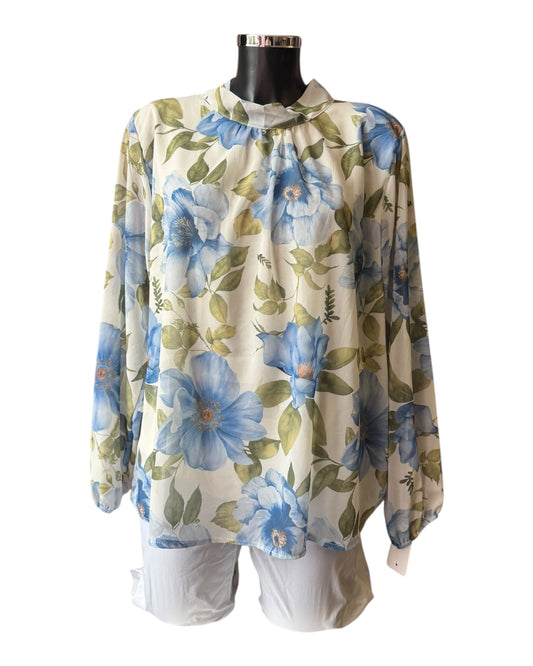 Eva floral high neck tie back top - Blue mix
