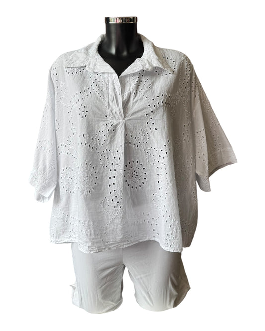 Greta cutwork cotton top - White