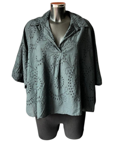 Natasha cutwork collared top - Black
