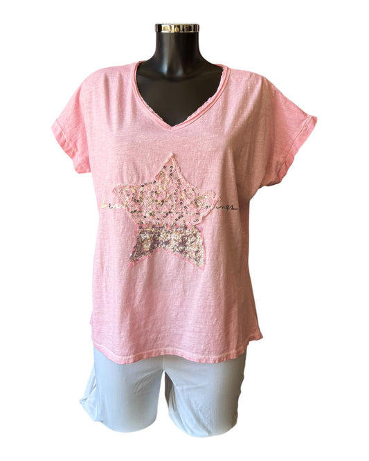 Olivia foil t-shirt v neck star - Pink