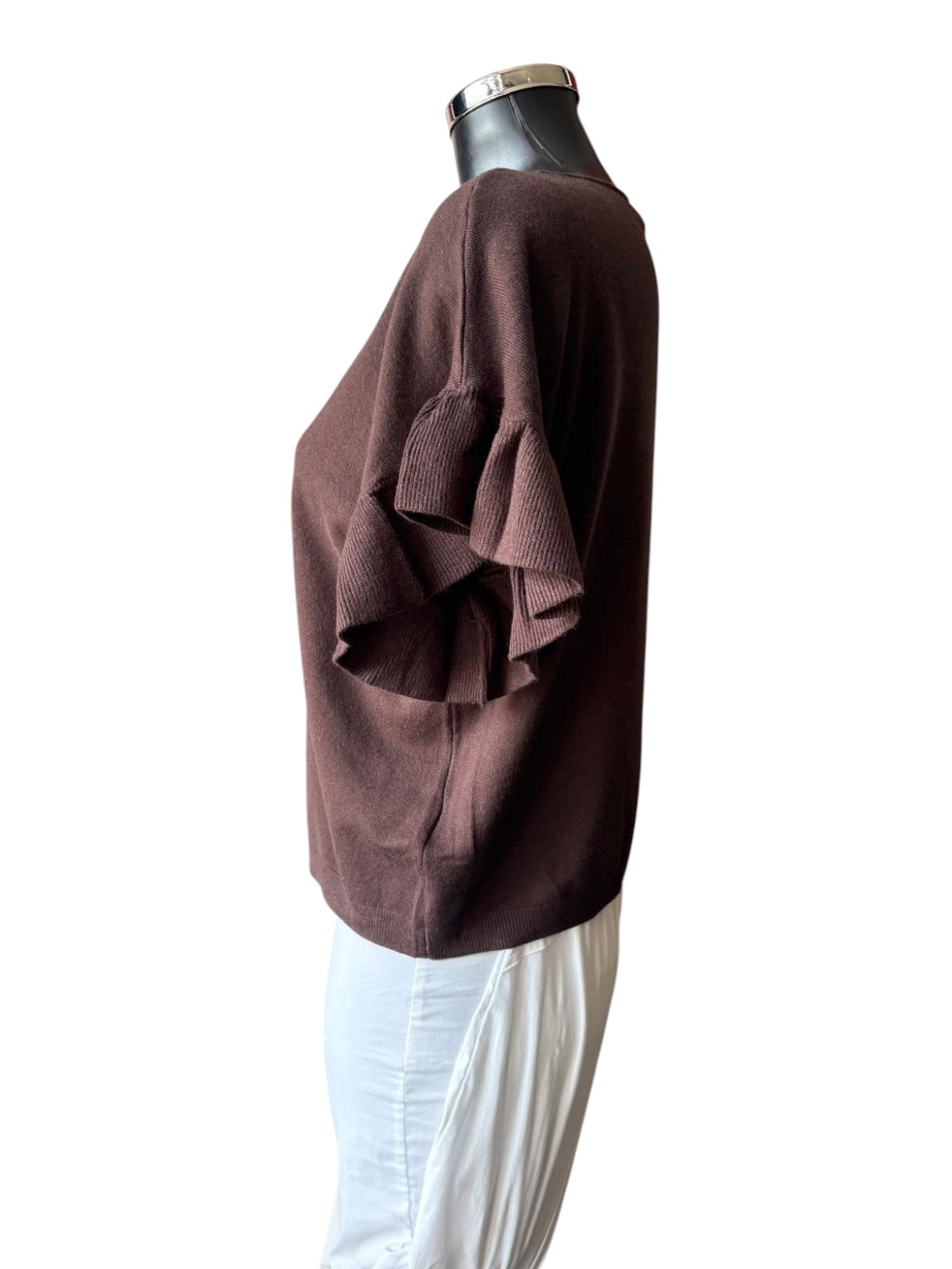 Anya frill sleeve fine knit short sleeve jumper - chocolate
