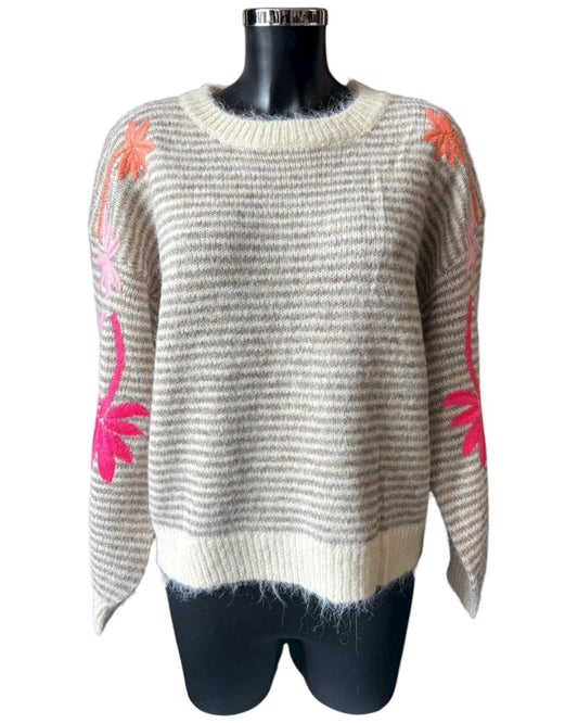 Scarlet striped appliqué flower round neck jumper - Beige