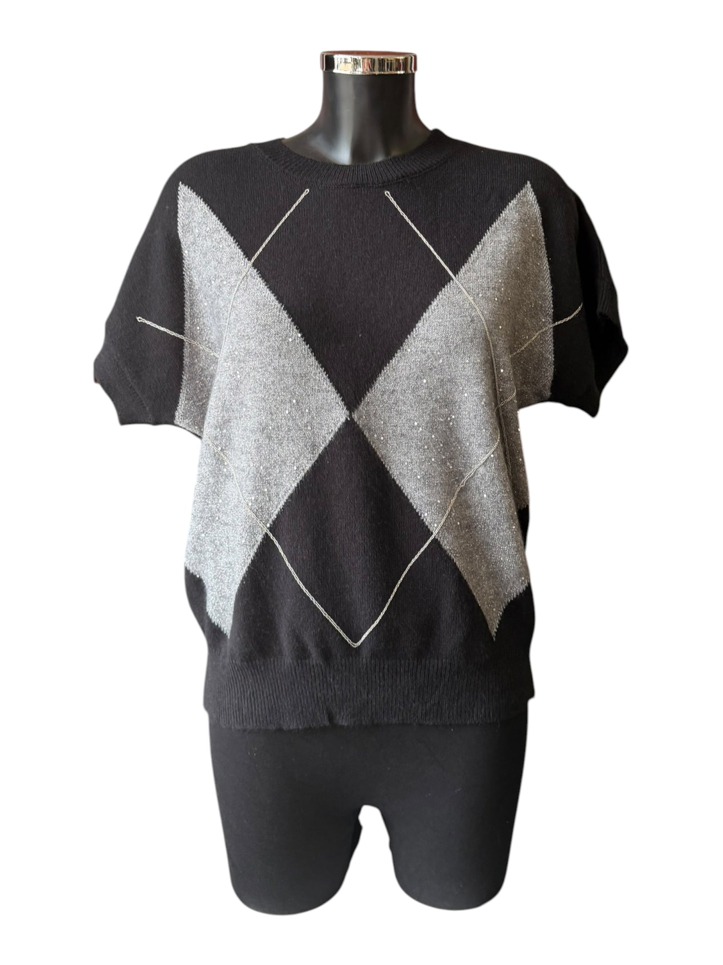 Emmy sparkle argyle short sleeve jumper- Black mix