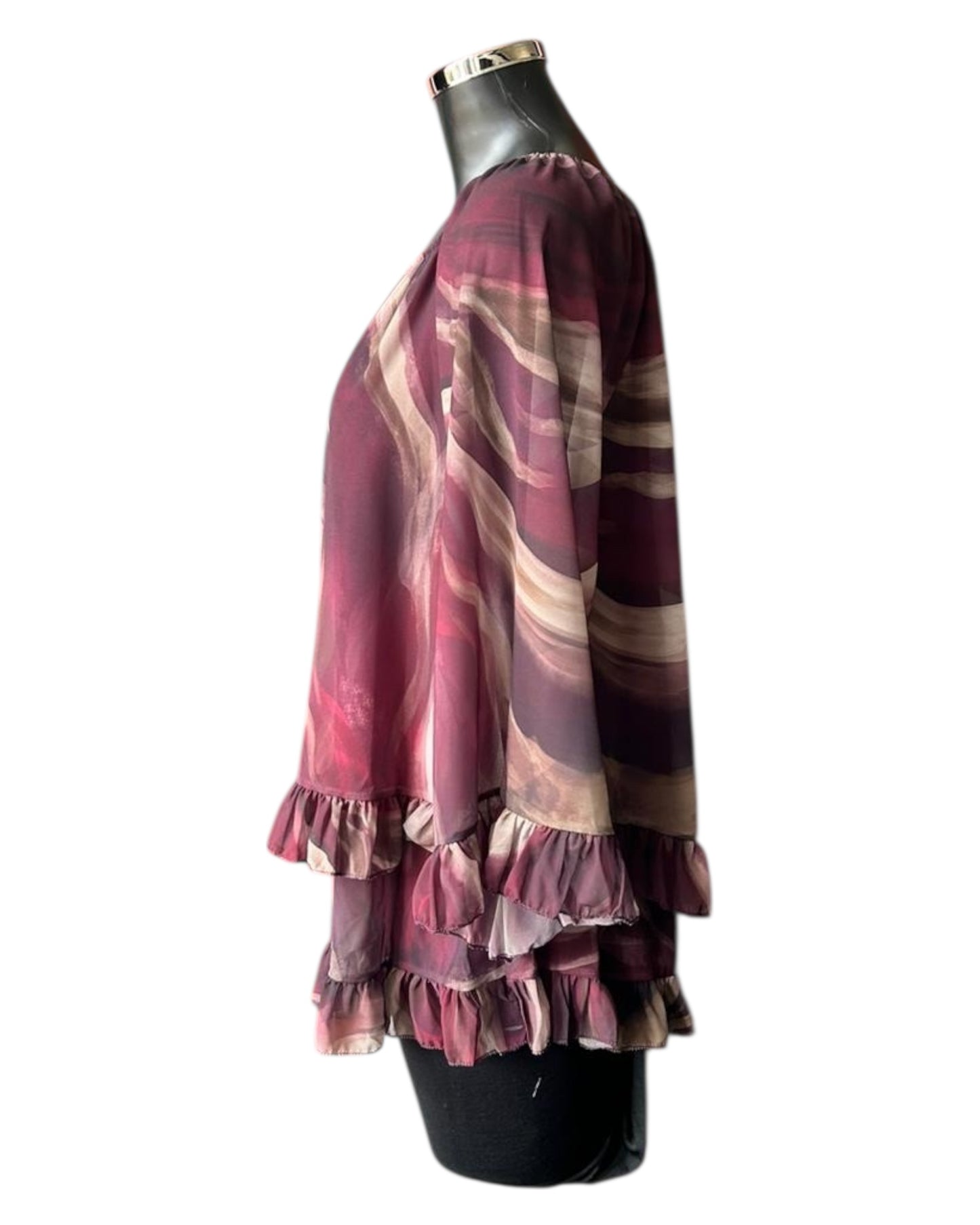 Lara marble print frill edge blouse - Bordeaux