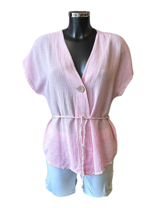 Casey range v neck button tie waist top - Pink
