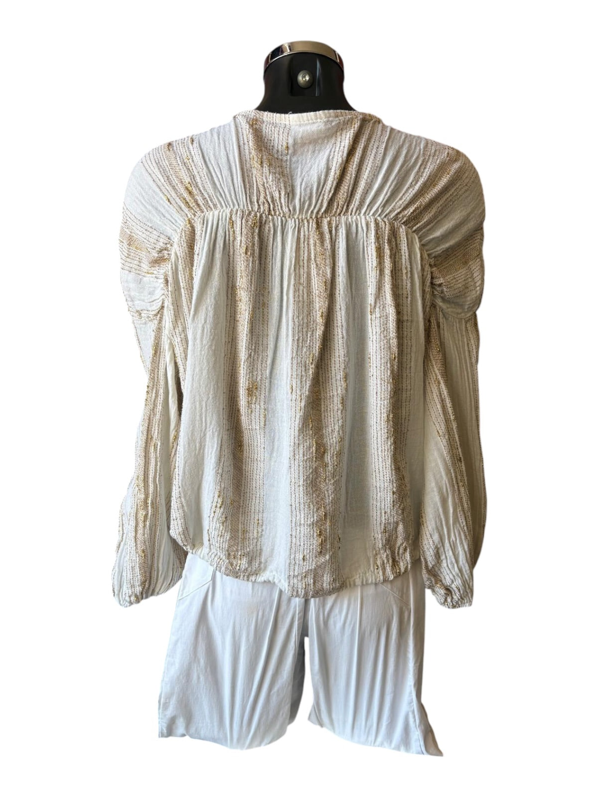 Caprice range linen and cotton gold thread tie front blouse
