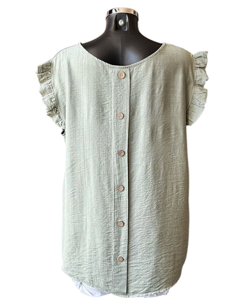 Claire mock button back frill shoulder top - Khaki