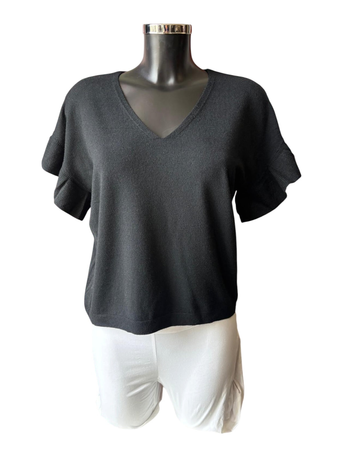 Anya frill sleeve fine knit short sleeve jumper - Black