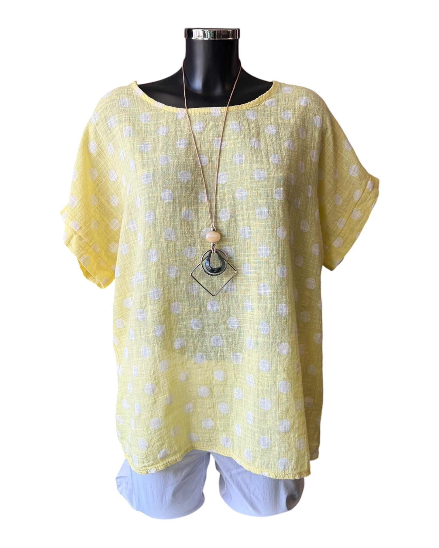 Polly polka dot cotton top & necklace - lemon