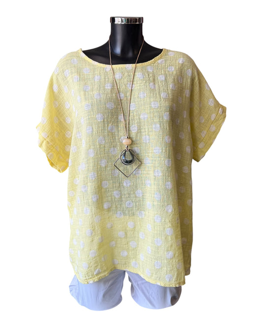 Polly polka dot cotton top & necklace - lemon