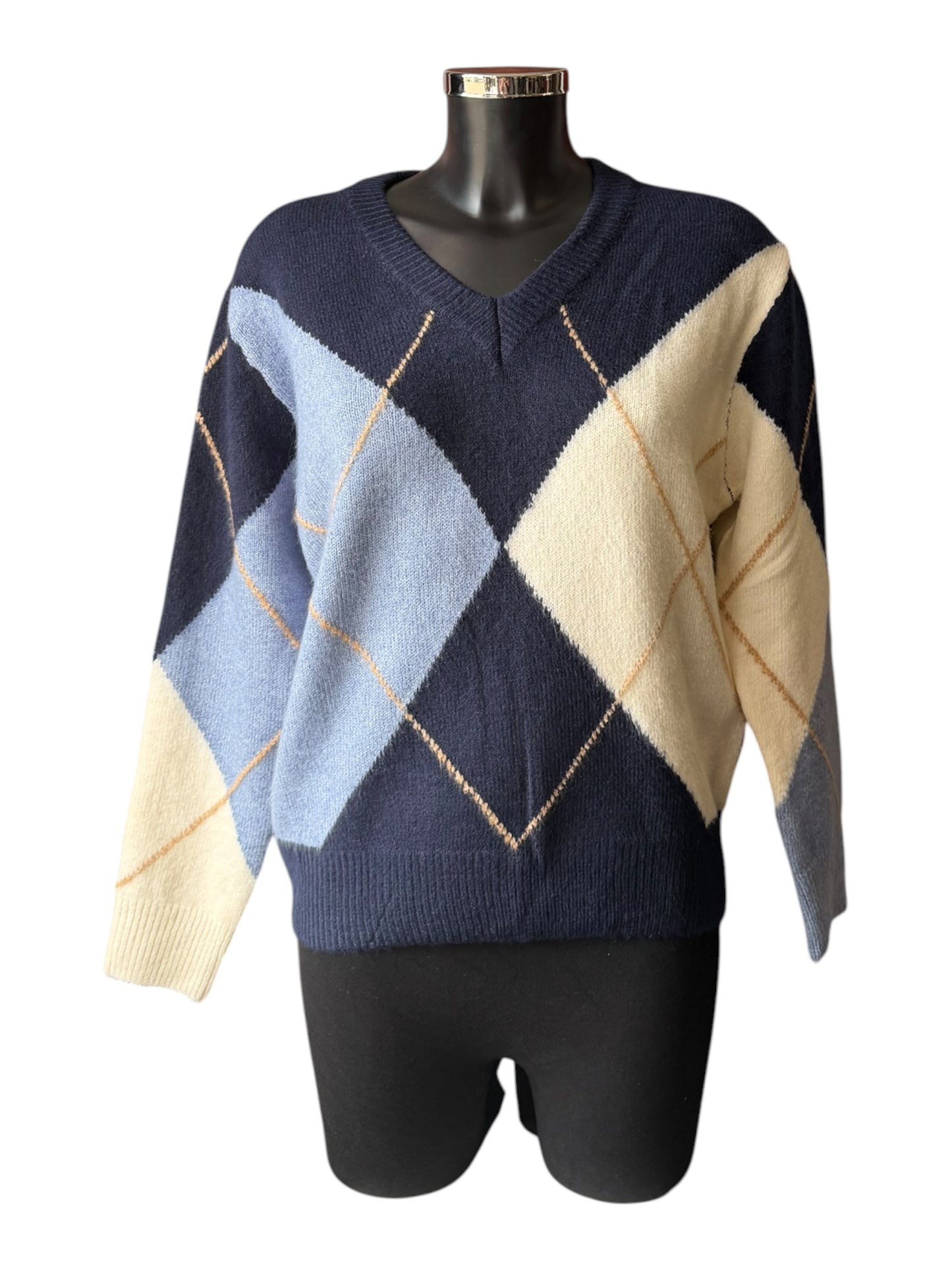 Ella v neck argyle jumper - Navy mix