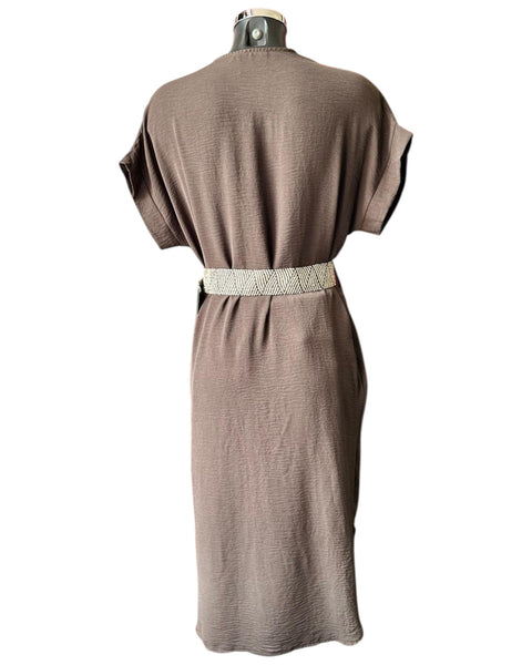 Lucy v neck dress and belt - Chocolate