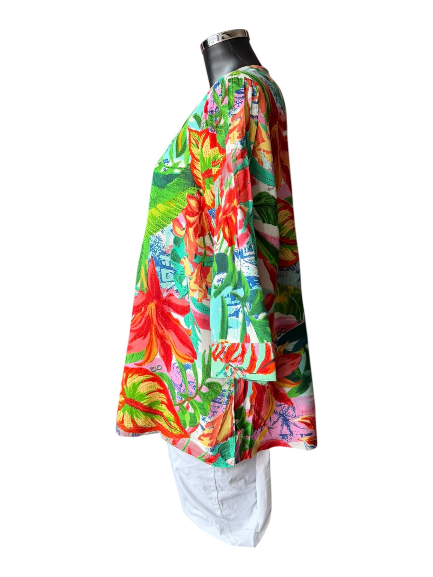 Orientique Equador print flared sleeve v neck top
