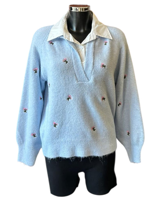 Shelly mock 2 piece embroidered flower - Blue