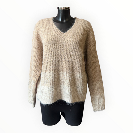 Lola sparkle knit v neck jumper - Taupe mix