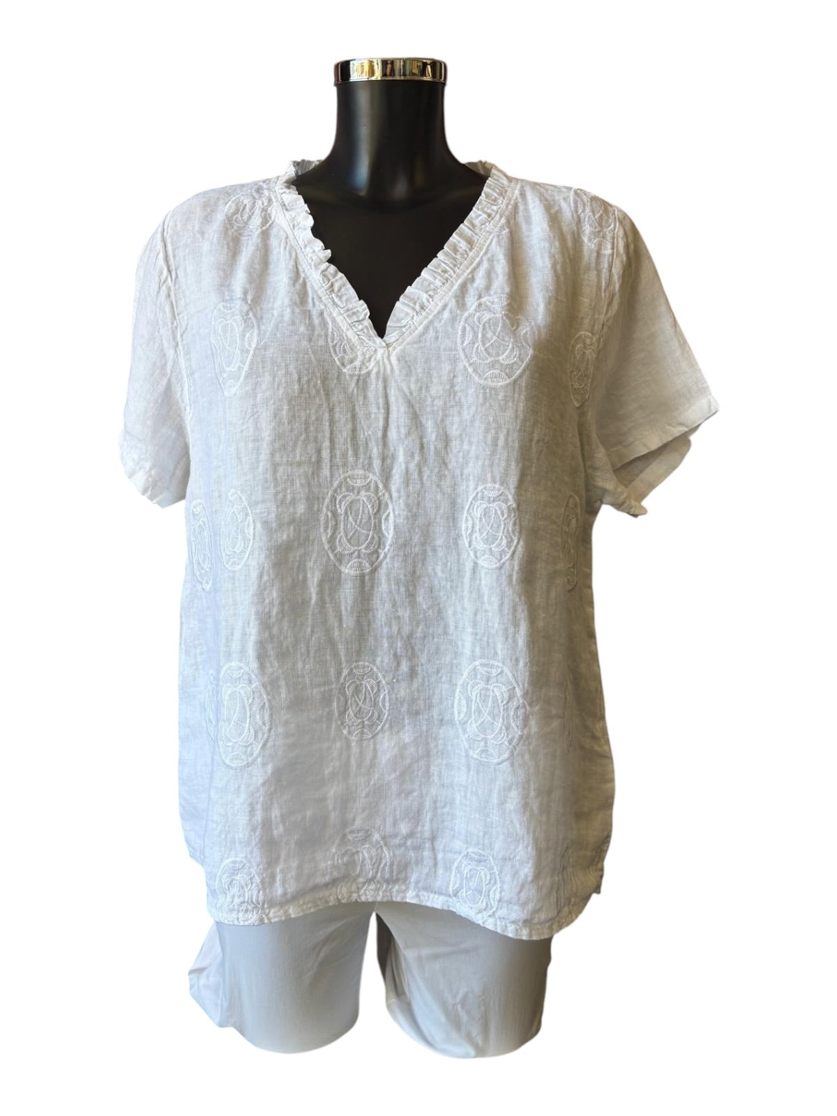 Lisa v neck white embroidered circles linen top