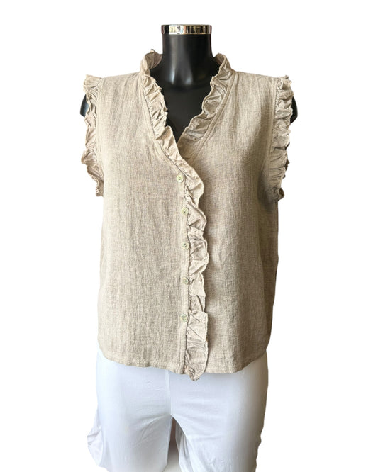 Casey range frill trim waistcoat top - mocha