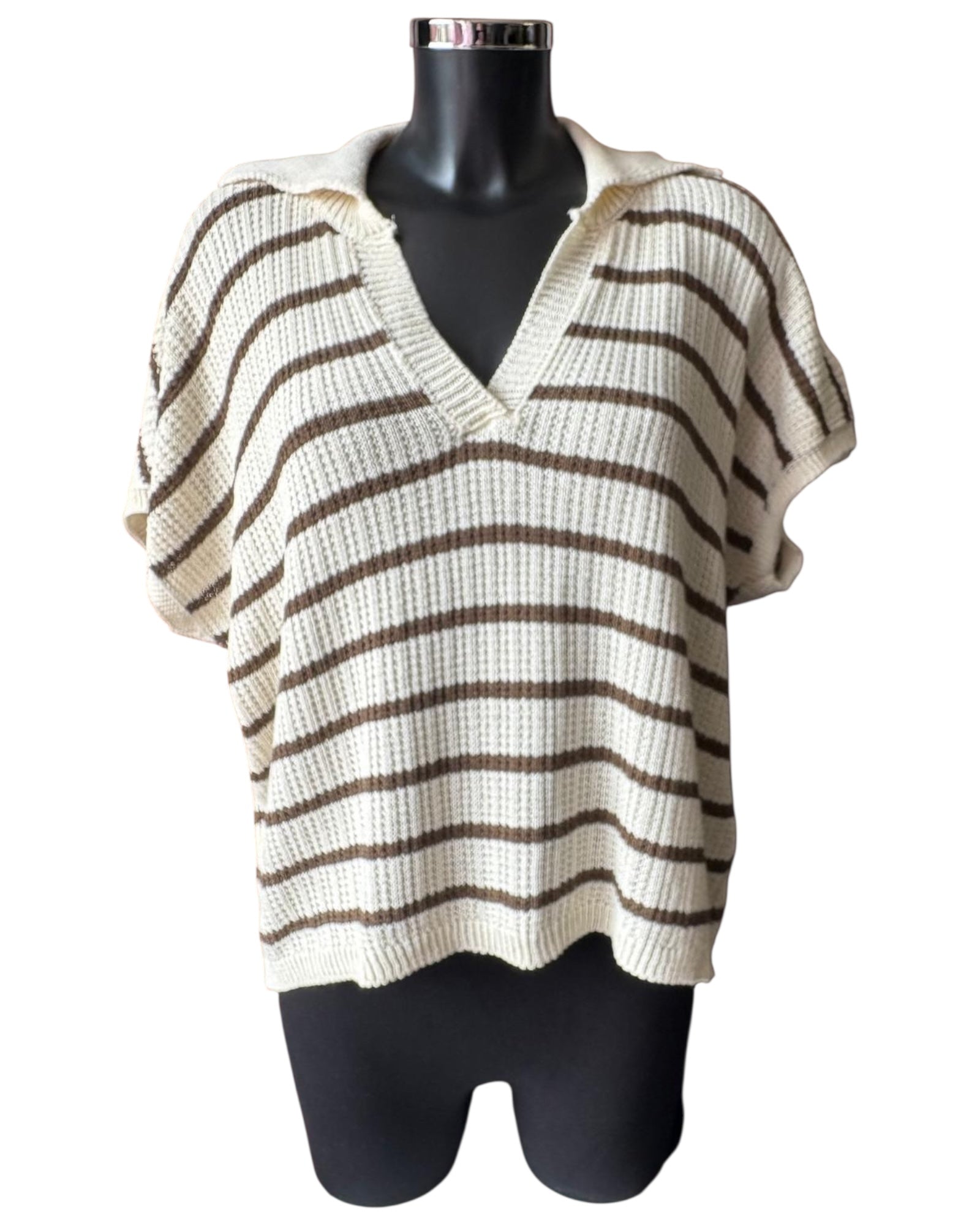 Ella striped short sleeve collared jumper - Brown and cream