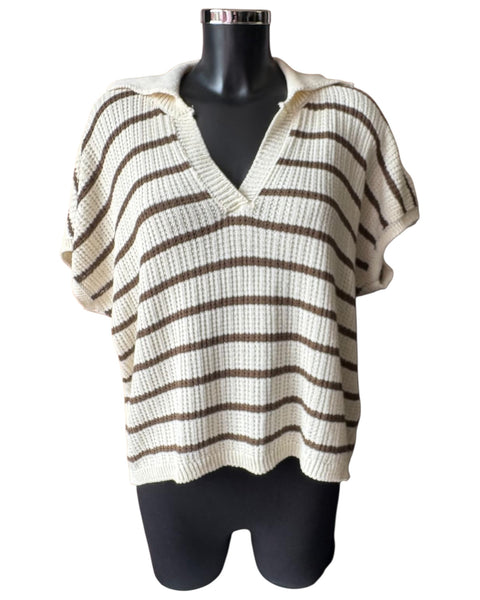 Ella striped short sleeve collared jumper - Brown and cream