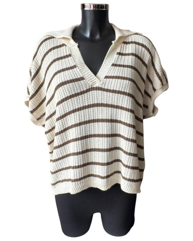 Ella striped short sleeve collared jumper - Brown and cream