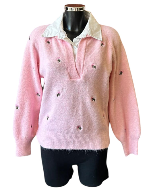 Shelly mock 2 piece embroidered flower - Pink