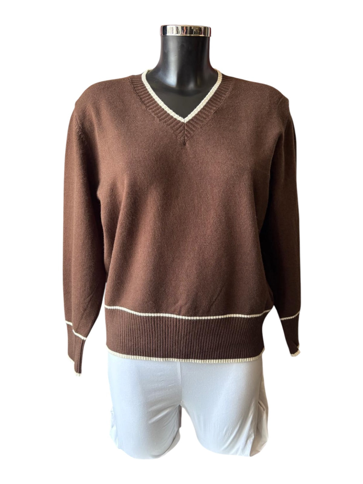 Morag contrast trim v neck jumper - Chocolate